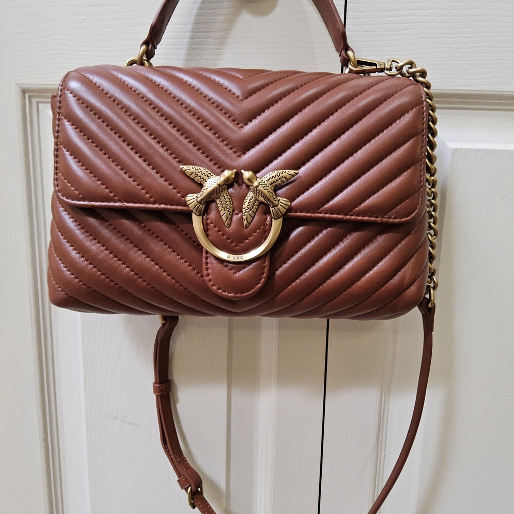 Pinko Brown Quilted Crossbody Bag with Gold Accents
